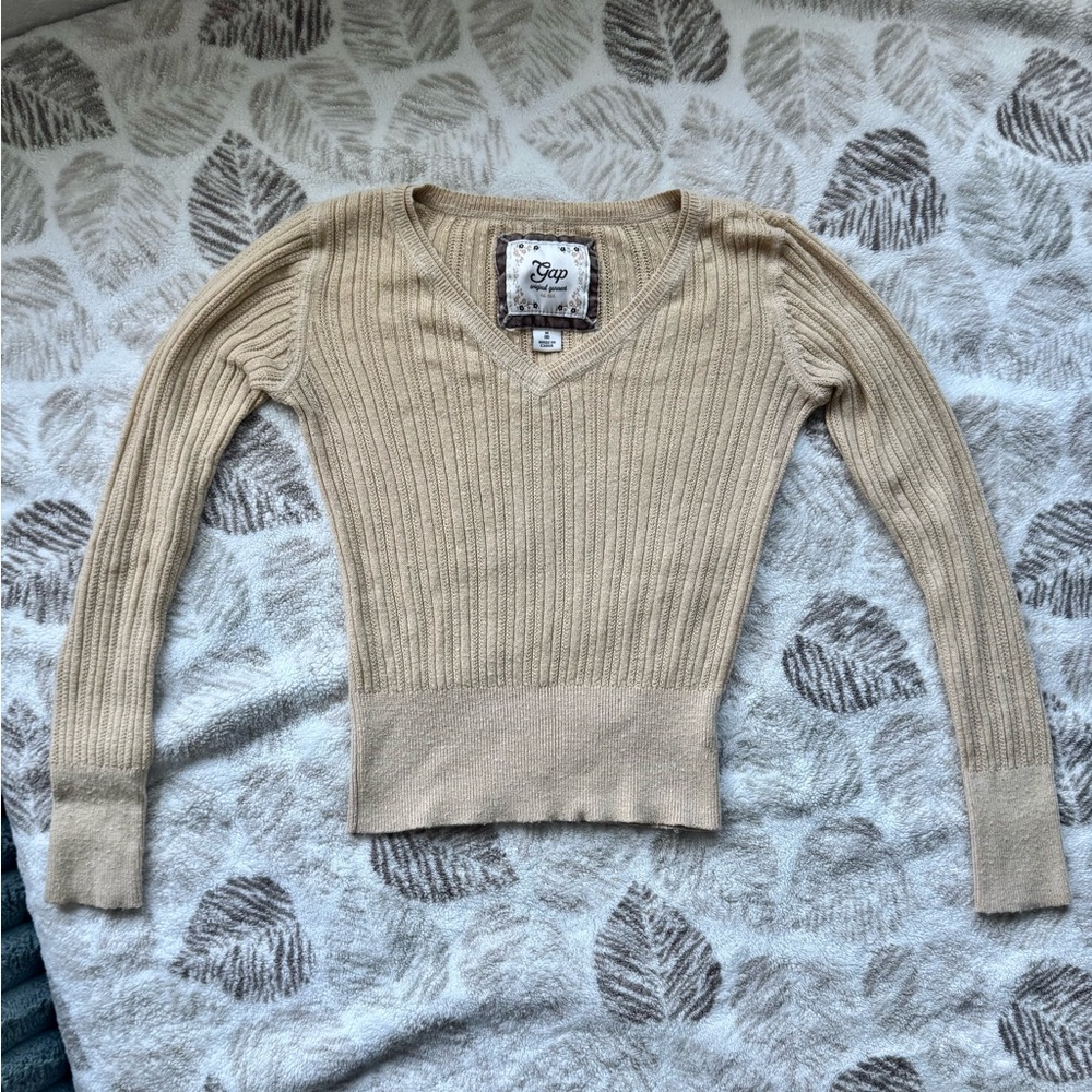 Vintage Gap Kids Tan V-Neck Sweater - Size Medium Y2K
